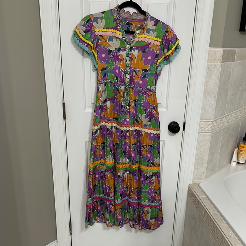 CeliaB Size S Purple and Yellow Flutter Sleeve Tiered Midi Dress